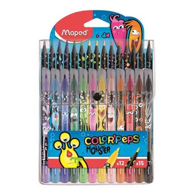 Filctoll és színes ceruza készlet, MAPED "Color'Peps Monster" 12+15 különböző szín 27 db