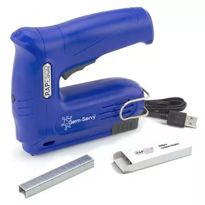 Tűzőpisztoly, vezeték nélküli, elektromos, USB, RAPESCO Germ-Savvy "T12-USB", kék 1 db