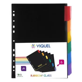   Regiszter, műanyag, A4 Maxi, 6 részes, VIQUEL "Rainbow Class", fekete