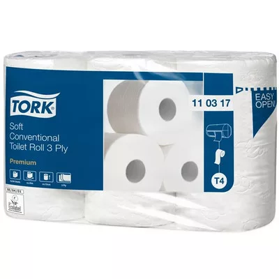 Toalettpapír, T4 rendszer, 3 rétegű, 12 cm átmérő, Premium, TORK "Soft", fehér 6 tek