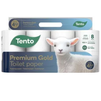   Toalettpapír, 4 rétegű, kistekercses, 8 tekercs, TENTO "Prémium Gold", fehér