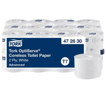   Toalettpapír, belsőmag nélküli, T7 rendszer, 2 rétegű, 13,1 cm átmérő, Advanced, TORK "OptiServe", fehér 24 tek