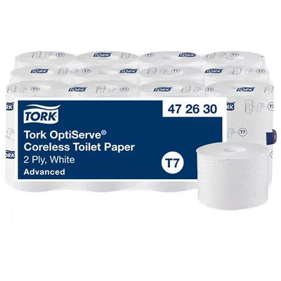 Toalettpapír, belsőmag nélküli, T7 rendszer, 2 rétegű, 13,1 cm átmérő, Advanced, TORK "OptiServe", fehér 24 tek