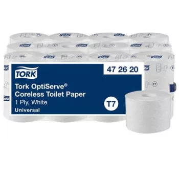   Toalettpapír, belsőmag nélküli, T7 rendszer, 1 rétegű, 13,1 cm átmérő, Universal, TORK "OptiServe", fehér 24 tek