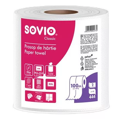 Törlőpapír, tekercses, 100 m, 20 cm átmérő, 2 rétegű, SOVIO, hófehér 1 tek