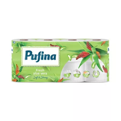 Toalettpapír, 3 rétegű, kistekercses, 8 tekercs, PUFINA "Aloe Vera"
