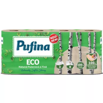   Toalettpapír, 3 rétegű, kistekercses, 8 tekercs, PUFINA "Eco", fehérítetlen és vegyszermentes