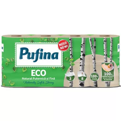 Toalettpapír, 3 rétegű, kistekercses, 8 tekercs, PUFINA "Eco", fehérítetlen és vegyszermentes