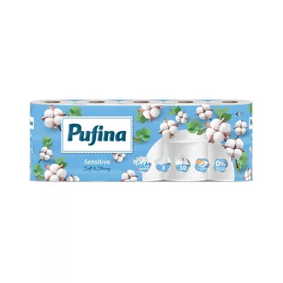 Toalettpapír, 3 rétegű, kistekercses, 10 tekercs, PUFINA "Sensitive Aquabond", illatmentes