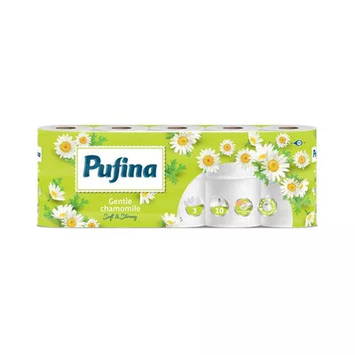 Toalettpapír, 3 rétegű, kistekercses, 10 tekercs, PUFINA "Chamomile", kamilla illattal
