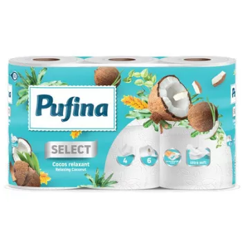   Toalettpapír, 4 rétegű, kistekercses, 6 tekercs, PUFINA "Relaxing Coconut", kókusz illattal