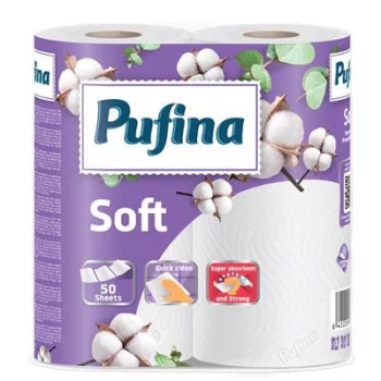   Háztartási papírtörlő, 2 rétegű, 50 lap, 2 tekercses, PUFINA "Soft"