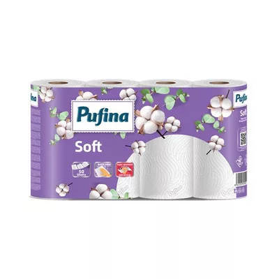 Háztartási papírtörlő, 2 rétegű, 50 lap, 4 tekercses, PUFINA "Soft"