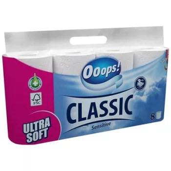   Toalettpapír, 3 rétegű, kistekercses, 8 tekercs, OOOPS "Classic", sensitive