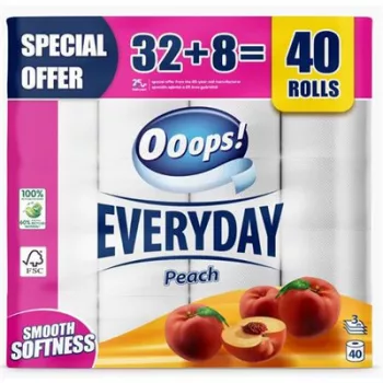   Toalettpapír, 3 rétegű, kistekercses, 32+8 tekercs, OOOPS "Everyday", barack 40 tek