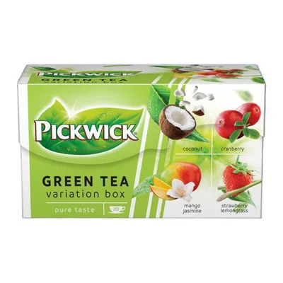 Zöld tea, 20x1,5 g, PICKWICK "Zöld tea Gyümölcsös Variációk", kókusz, vörösáfonya, eper-citromfű, mangó-jázmin 0,03 kg