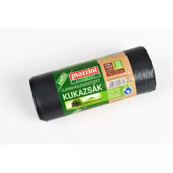   Szemeteszsák, újrahasznosított, erős, 135 l, 10 db,70x110 cm, 30 µ, MAZZINI, fekete