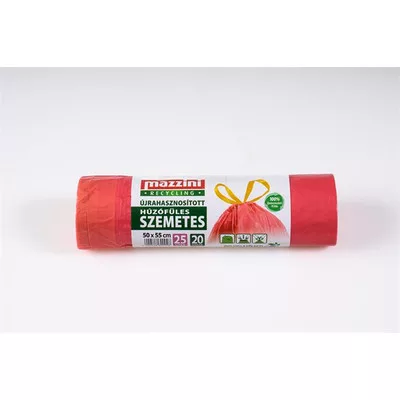Szemeteszsák, újrahasznosított, húzófüles, 25 l, 20 db, 50x55 cm, 16 µ, MAZZINI, piros
