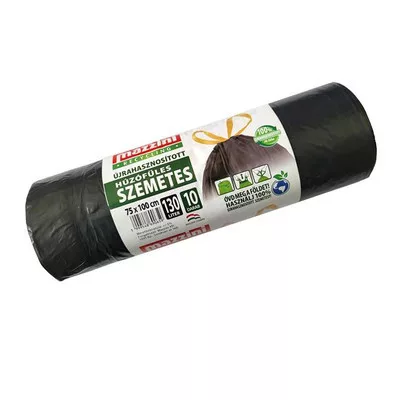 Szemeteszsák, újrahasznosított húzófüles, 130 l, 10 db, 75x100 cm, 32 µ, MAZZINI, fekete