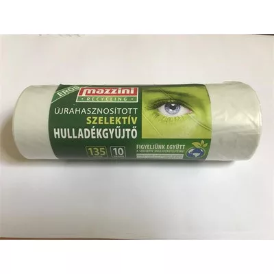 Szemeteszsák, szelektív hulladékhoz, újrahasznosított, erős, 135 l, 10 db, 70x110 cm, 25 µ, MAZZINI, átlátszó