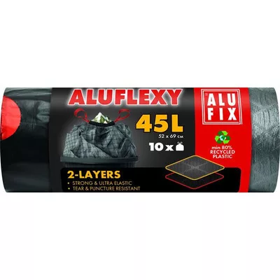Szemeteszsák, zárószalagos, kétrétegű, 45 l, 10 db, 52x69 cm, 28 µ, ALUFIX "Aluflexy"