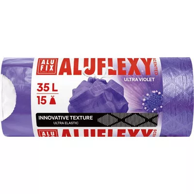 Szemeteszsák, zárószalagos, LDPE, illatosított, 35 l, 15 db, 53x53 cm, 20 µ, ALUFIX "Aluflexy", lila