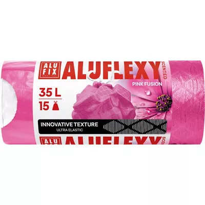 Szemeteszsák, zárószalagos, LDPE, illatosított, 35 l, 15 db, 53x53 cm, 20 µ, ALUFIX "Aluflexy", rózsaszín