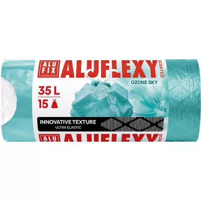 Szemeteszsák, zárószalagos, LDPE, illatosított, 35 l, 15 db, 53x53 cm, 20 µ, ALUFIX "Aluflexy", türkizkék