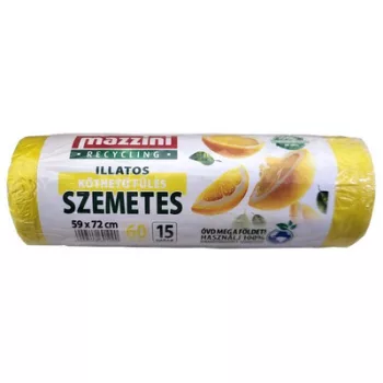   Szemeteszsák, újrahasznosított, köthető füles, illatosított, 60 l, 15 db, 59x72 cm, 13 µ, MAZZINI, citrus illat