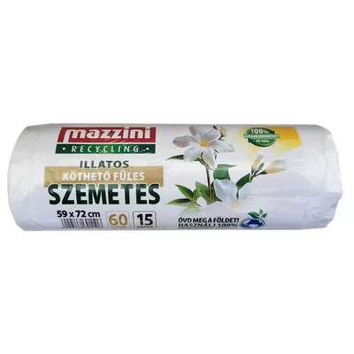Szemeteszsák, újrahasznosított, köthető füles, illatosított, 60 l, 15 db, 59x72 cm, 13 µ, MAZZINI, virág illat