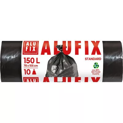 Szemeteszsák, 150 l, 10 db, 80x105 cm, 35 µ, ALUFIX, fekete