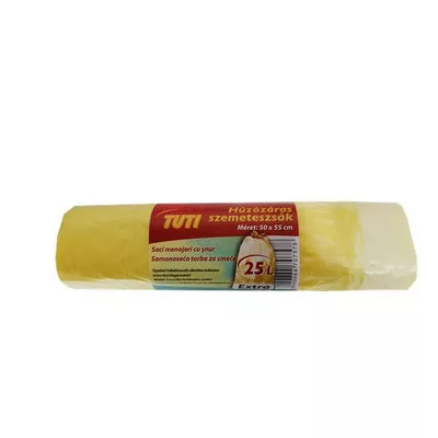 Szemeteszsák, zárószalagos, 25 l, 20 db, 50x55 cm, 14 µ, TUTI, sárga