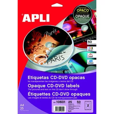 Etikett, CD/DVD, A4, teljes lefedettségű, matt, APLI "Mega" 25 lap