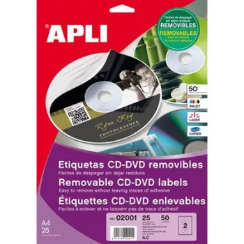 Etikett, CD/DVD, A4, matt, eltávolítható, APLI 25 lap