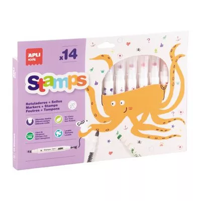 Filctoll készlet, 2,5 mm, kimosható, nyomda, APLI Kids "Stamps", 14 különböző szín és minta 14 db