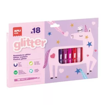  Filctoll készlet, 4,8 mm, kimosható, csillámos, APLI Kids "Glitter", 18 különböző szín 18 db