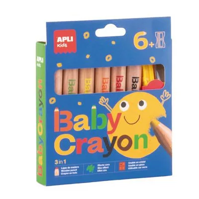 Színes ceruza készlet, vastag, hegyezővel, 3 az 1-ben, APLI Kids "Baby Crayon", 6 különböző szín 6 db