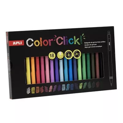 Zseléstoll, akril tintával, 0,7 mm, nyomógombos, APLI "Color Click", 18 különböző szín 18 db