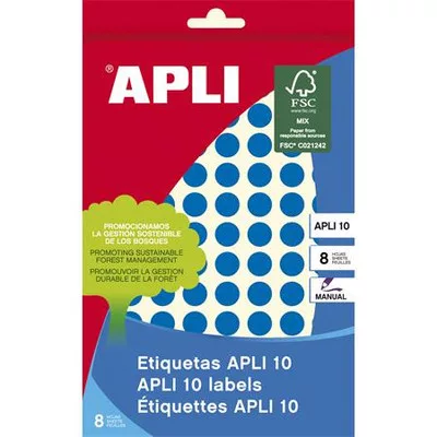 Etikett, 10 mm kör, kézzel írható, színes, APLI, kék, 1008 etikett/csomag 8 lap