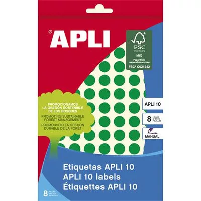 Etikett, 10 mm kör, kézzel írható, színes, APLI, zöld, 1008 etikett/csomag 8 lap