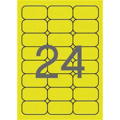 Etikett, 64x33,9 mm, színes, kerekített sarkú, APLI, neon sárga, 480 etikett/csomag 20 lap