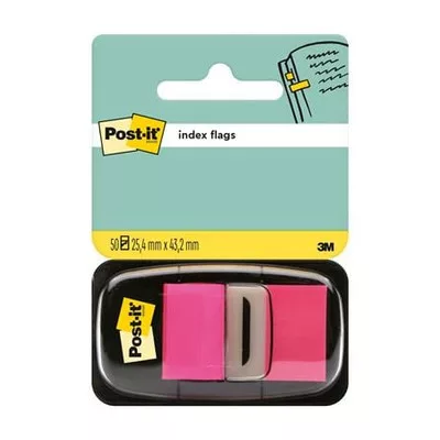 Jelölőcímke, műanyag, 50 lap, 25,4x43,2 mm, 3M POSTIT, rózsaszín