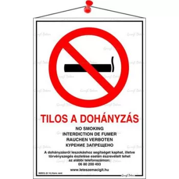   Információs tábla, 21x30 cm, többnyelvű, "Tilos a dohányzás!" 1 db