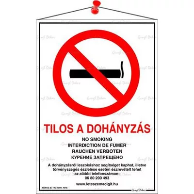 Információs tábla, 21x30 cm, többnyelvű, "Tilos a dohányzás!" 1 db