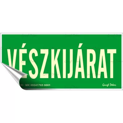 Információs matrica, 25x11,5 cm, fluoreszkáló, utánvilágítós, "Vészkijárat" 1 db