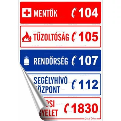 Információs matrica, 25x17,5 cm, "Segélyhívószámok" 1 db