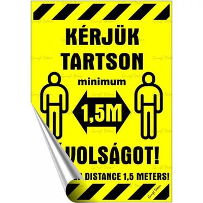 Információs matrica, 11,6x16,6 cm, kétnyelvű, "Kérjük tartson mininum 1,5 m távolságot!" 1 db