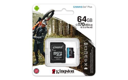 Memóriakártya, microSDXC, 64GB, C10/UHS-I/U3/V30/A2, adapter, KINGSTON "Canvas Go! Plus"