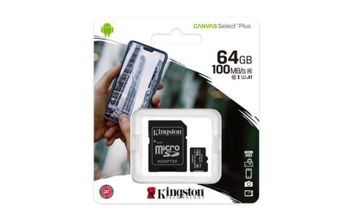 Memóriakártya, microSDXC,64GB, CL10/UHS-I/U1/V10/A1, adapter, KINGSTON "Canvas Select Plus"
