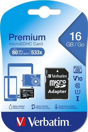 Memóriakártya, microSDHC, 16GB, CL10/U1, 45/10 MB/s, adapter, VERBATIM "Premium"